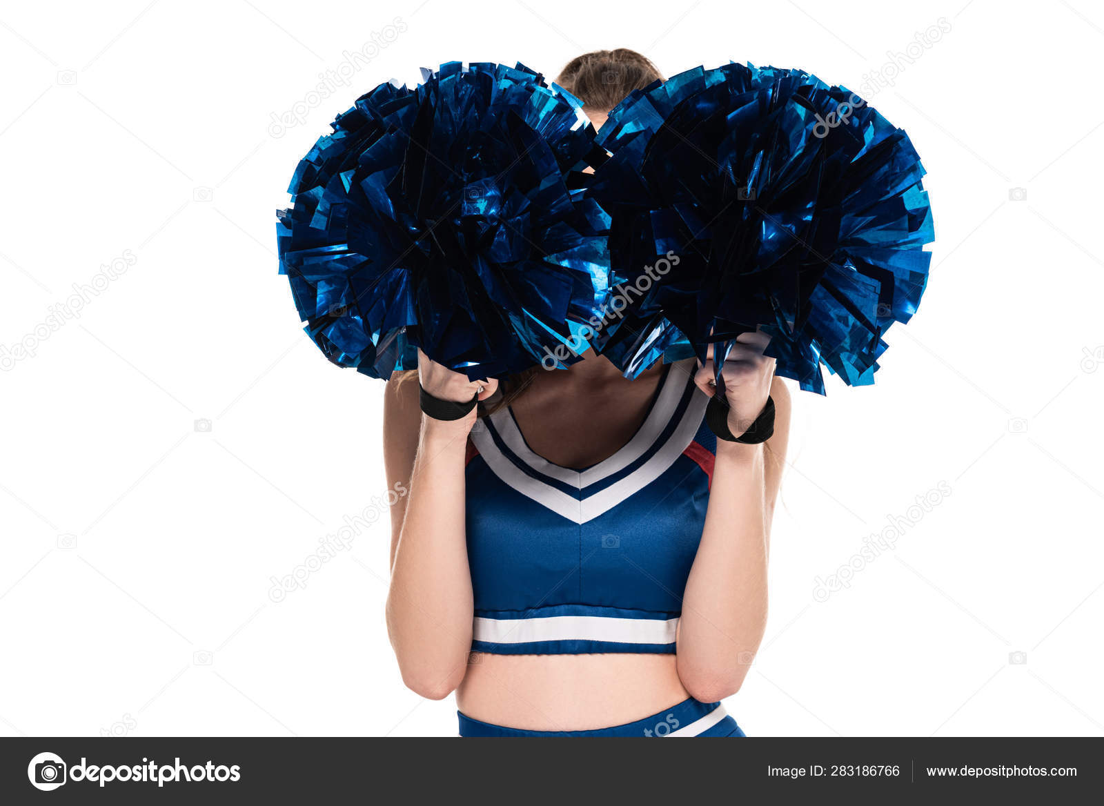 Cheerleader Girl Blue Uniform Obscure Face Pompoms Isolated White